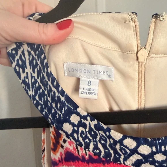 London Times Multicolor Geometric Sleeveless Dress - Navy, Pink, Cream, Mustard - Picture 2 of 3